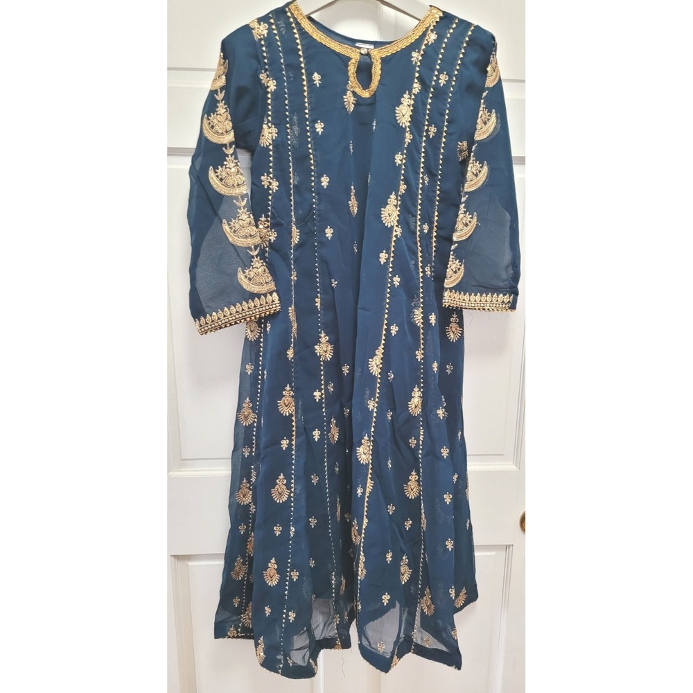 3pc Embroidered Sequin Cotton Chiffon Salwar Kameez & Dupatta - Navy Blue - S